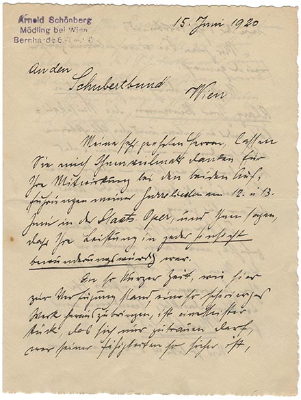 Brief Arnold Schönbergs an den Schubertbund, 15. Juni 1920